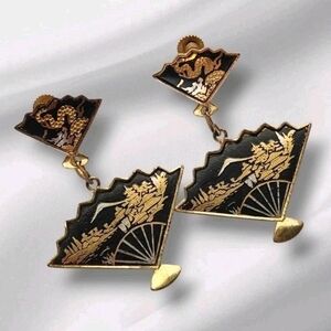 Vintage Japanese Damascene Fan Dangle Earrings Pagoda Screw Back Signed Japan